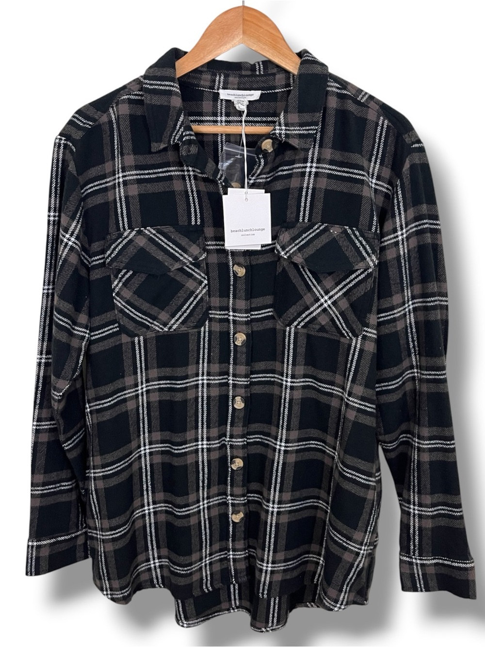 BeachLunchLounge Women’s Easton Black Brown Plaid Shacket Size Medium